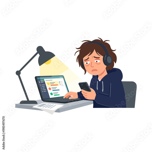 A person wearing headphones sits at a desk with a laptop and phone under a lamp.