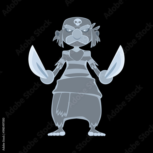 Cartoon pirate ghost character standing with curved swords in hands. Spooky corsair sailor spirit Halloween personage in bandana and costume. Vector undead buccaneer phantom ready for festive battle