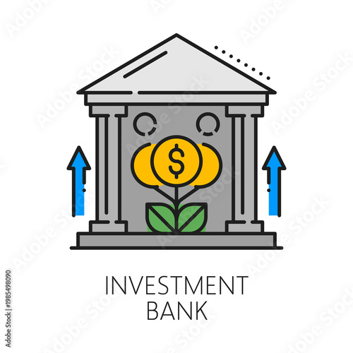 Investment bank, business color line icon or pictogram. Capital growth thin line vector symbol, investment startup lineart pictogram. Investor fund icon with bank or financial institution building