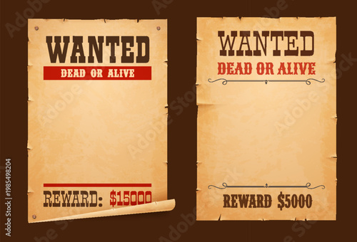 Western wanted posters, old paper outlaw notice signboard for dead or alive reward, vector templates. Wanted posters on wall in Western country cowboy design for Wild West bandit robber reward banners