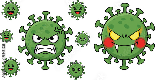 Cartoon Virus Characters Illustration with Angry and Cute Germ Faces for Medical Awareness, Infection Concepts, and Kids Educational Design