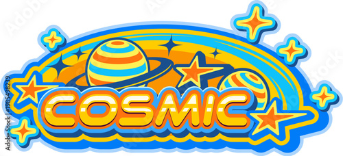 Y2k streetwear cosmic retro label or tag. Clothing text retro cool icon, apparel futuristic vector label. Brand graphic Y2K sticker with orange and blue typography, space planets and shooting stars