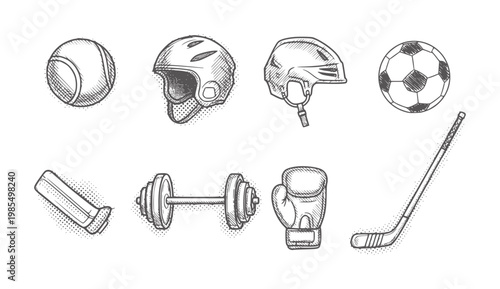 Collection of hand drawn sports equipment and protective gear tennis ball helmet