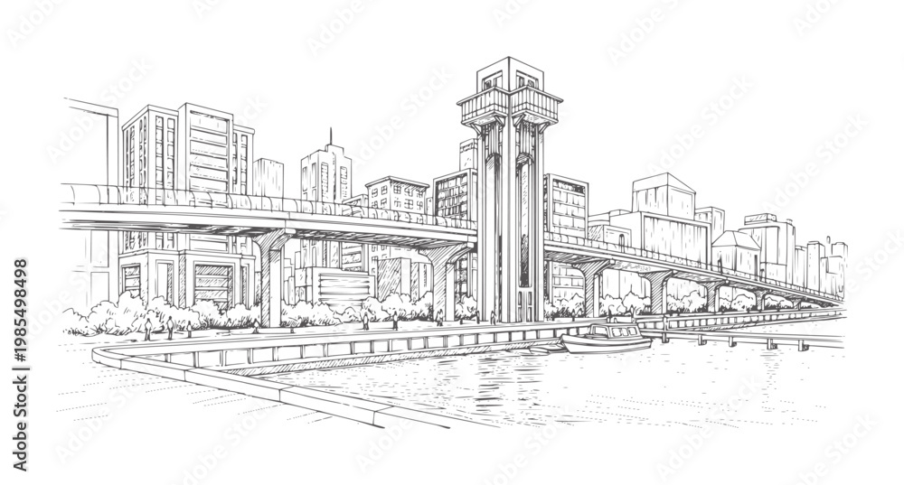 Obraz premium Of a city skyline with a river and elevated train tracks water boat