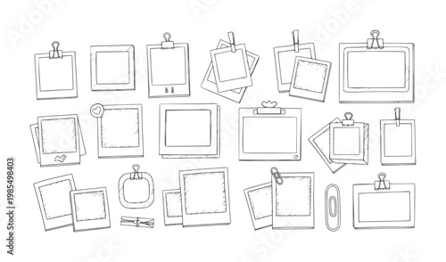 Hand drawn collection of empty frames and clips polaroid instant camera