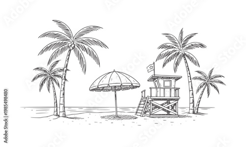 Of a tropical beach scene with palm trees lifeguard tower and umbrella