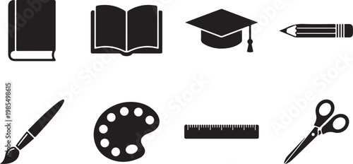 Education icons, school supplies, learning symbols, black vector set