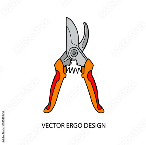 Pruning shears with orange handles on a white background. Vector illustration. Ergonomic style.