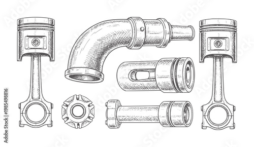 Vintage engine parts piston connecting rod and pipe