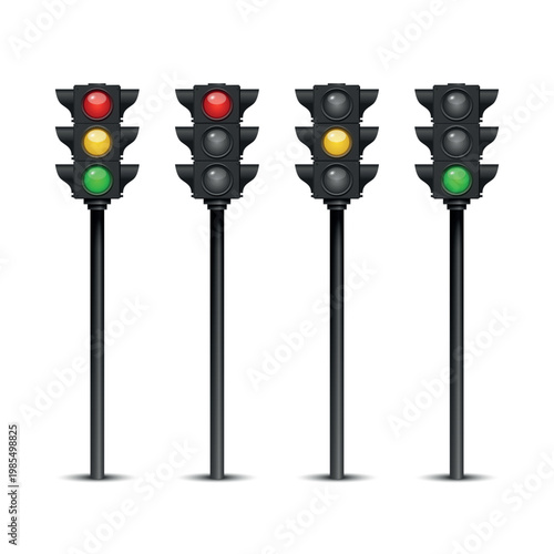 Vector 3d Traffic Light Set With Red Yellow Green Signals. Street Intersection Control Icons. Realistic 3d Stoplight on Pole. Road Safety Transportation Symbol