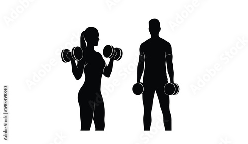 A dynamic illustration showcases a woman lifting dumbbells and a man posing emphasizing fitness and strength in a dark silhouette high quality professional detailed