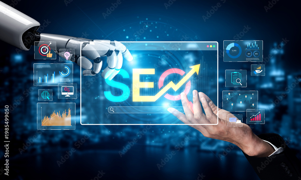 Naklejka premium AI improves SEO visibility using intelligent optimization tools, keyword analytics, and smart marketing strategies for digital campaign success. Artificial intelligence spline