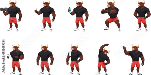 Strong bodybuilder bull mascot character set doing various fitness and gym exercises isolated on white background