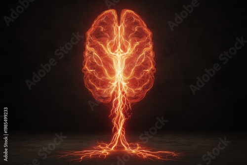 Electric Currents Flowing Through Abstract Brain Illustration in Dark Background