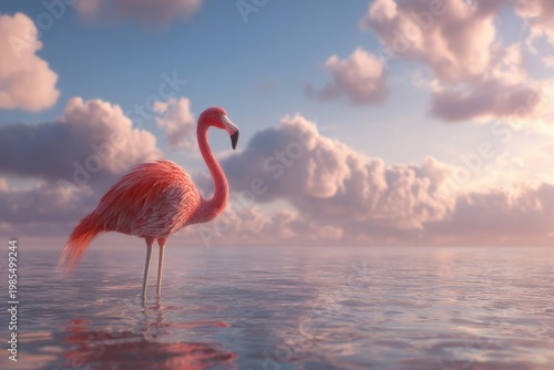 Peaceful Flamingo Standing Calmly in Shallow Lagoon Water with Soft Cloudy Background