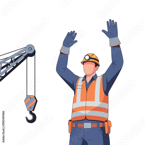 Construction worker with hard hat and safety vest signaling with raised hands near crane hook.