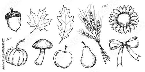 Hand drawn doodle sheet of 10 elements including a vintage compass for adventure and exploration themes, perfect for journaling.