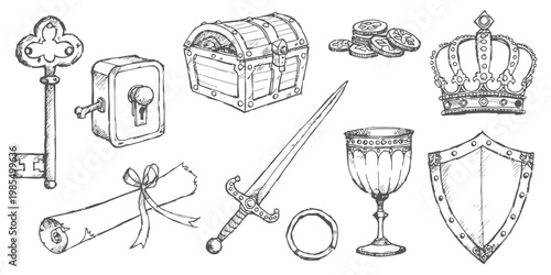 Hand-drawn doodle sheet of 10 elements including a vintage telescope with a tripod and star map for astronomy