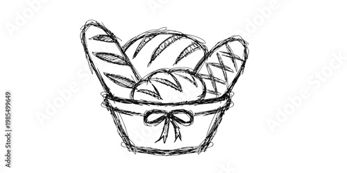 Bread basket tied with a stylized ribbon, hand-drawn with imperfect lines and a rustic texture, perfect for bakery or artisanal food presentation.