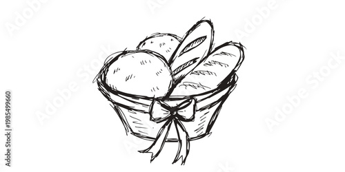 Bread basket tied with ribbon, hand-drawn imperfect sketch with rustic charm and vintage appeal for bakery or artisanal food promotion.