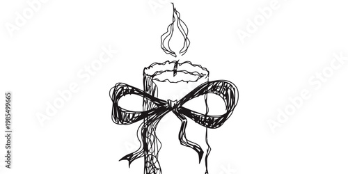 Candle with a soft, glowing flame and delicate bow adornment, rendered in a charming sketchy hand-drawn style for decorative design elements.
