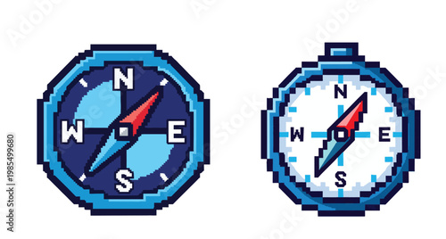 Pixel art illustration of a navigation compass icon with red and blue needle isolated on white background, retro 8-bit gaming style for direction and travel concepts