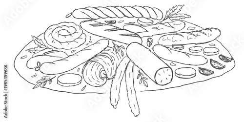 Charcuterie board with simple geometric shapes and loose black line art on a white background, abstract food presentation.