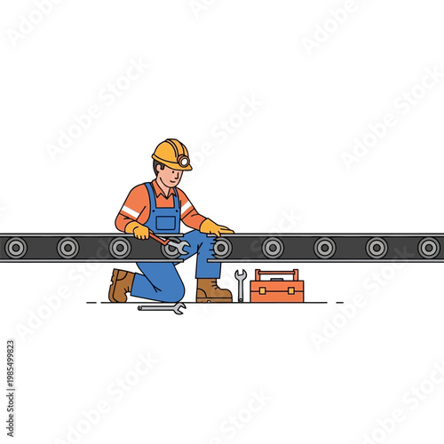 Factory worker repairing conveyor belt with wrench, industrial maintenance concept