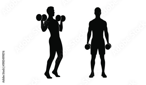 Two black silhouettes of muscular men exercising with dumbbells showcasing strength and fitness a dynamic pose silhouette high quality professional detailed modern elegant stylish