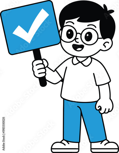 Cartoon boy holding blue sign with white checkmark standing alone