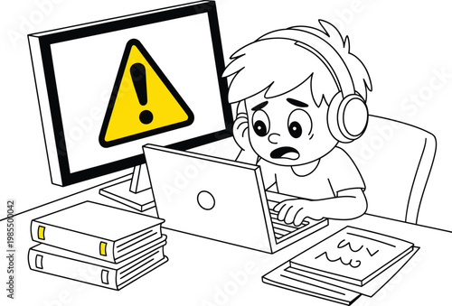 Cartoon child looking surprised at warning sign on computer screen while using laptop and headphones