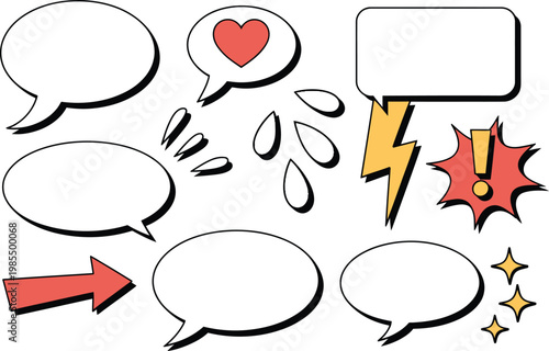 Cartoon comic speech bubbles and icons  empty white chat boxes with heart lightning bolt and exclamation marks  various shapes and symbols for digital illustrations