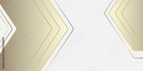 White wide luxury abstract background with golden lines and shadows, arrows and angles. Modern light wide banner with golden luminous lines.
