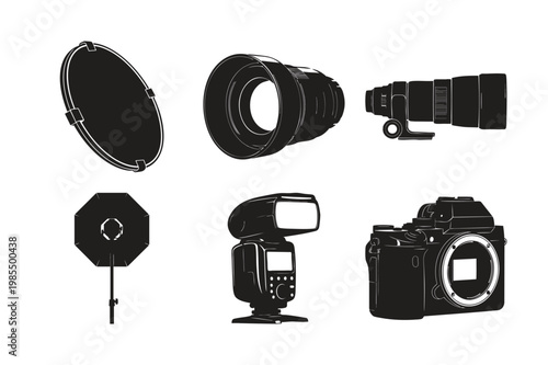 Photography equipment silhouette set bundle of camera gear collection.