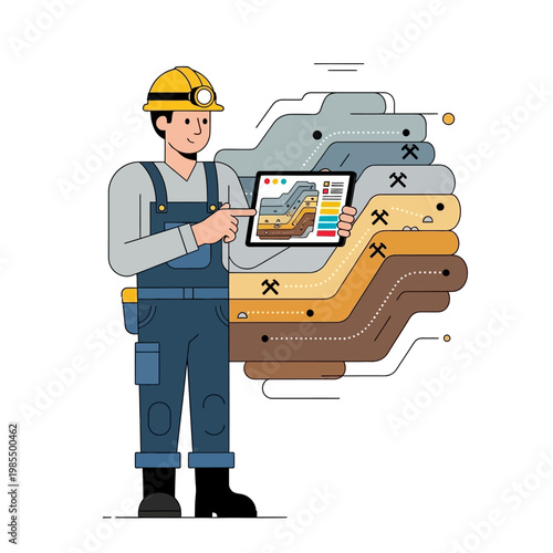 Miner Explains Geological Layers with Tablet and Digital Display
