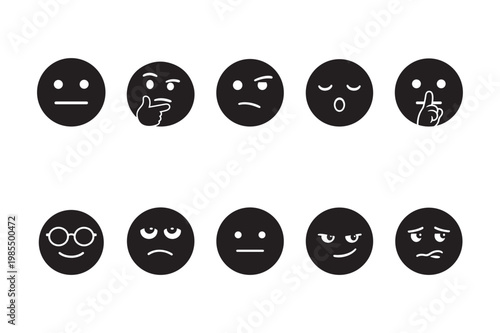 Thinking and Neutral Emoji Face Icons Set – Confused, Silent, Sleepy, Smirk, Doubt Expressions