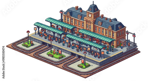 Isometric Illustration of a Detailed Train Station Building.