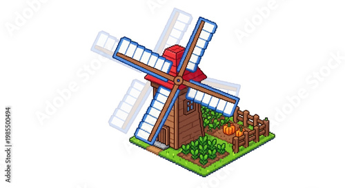 Isometric Windmill Illustration with Agricultural Field.