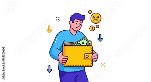 Man holding wallet with money and sad face showing financial problems.