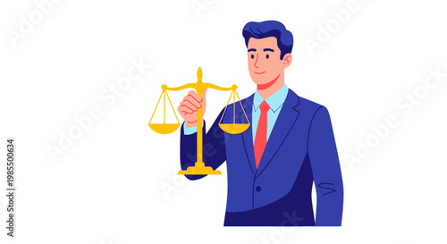 Lawyer holding golden scales of justice symbol.
