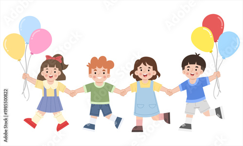 Illustration of Children Holding Hands With Balloons
