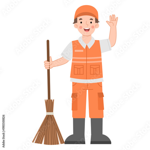 Sanitation Worker Waving with Broom