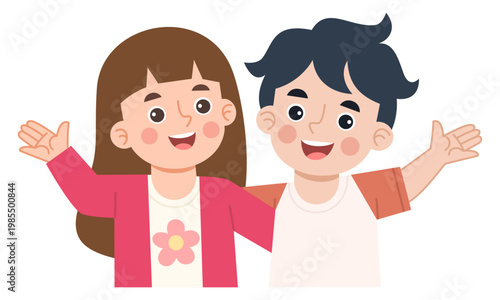 Illustration of Two Happy Children Waving Hello