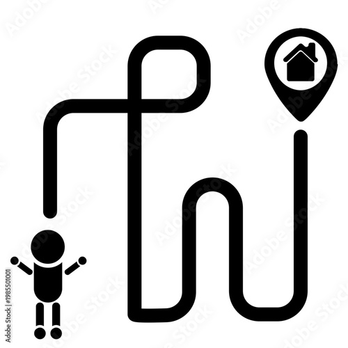 Person finds home using a winding path map illustration