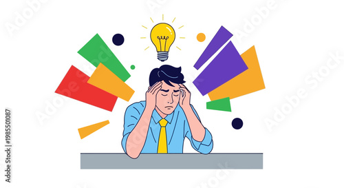 Man with lightbulb above head experiencing stress and ideas.