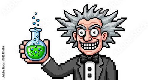 Mad Scientist Holding a Glowing Green Potion in a Flask.