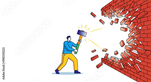 Man with Sledgehammer Breaking Through Brick Wall.