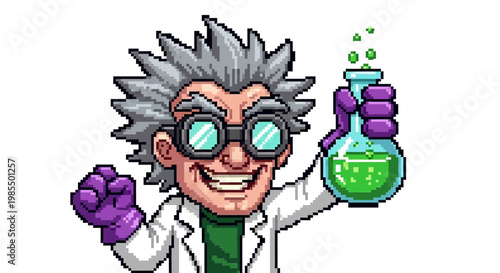 Mad Scientist Holding Bubbling Green Potion Flask.