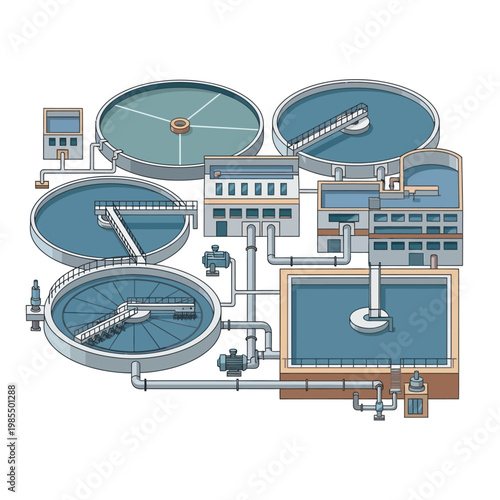 Wastewater Treatment Plant Illustration: Industrial Process, Water Purification System