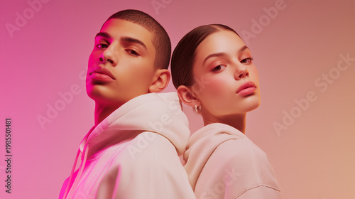 Two young models in cream hoodies pose back-to-back under vibrant pink and magenta neon lighting, showcasing flawless skin and modern Gen Z beauty editorial style.